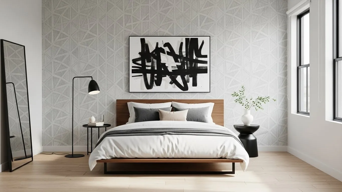 Geometric wallpaper accent wall in a modern bedroom design