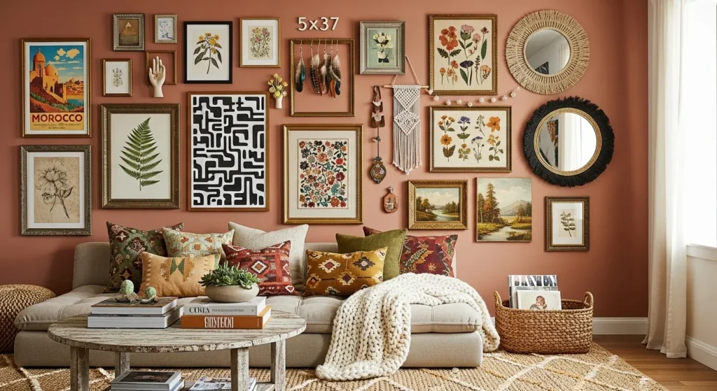 Mix and match gallery wall with different frames and artwork styles