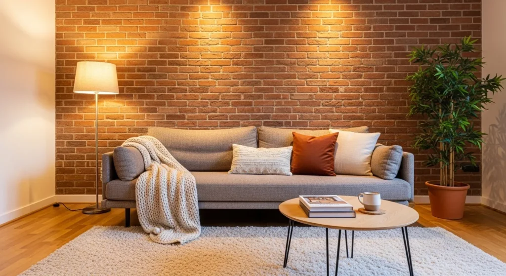 Brick accent wall in modern living room