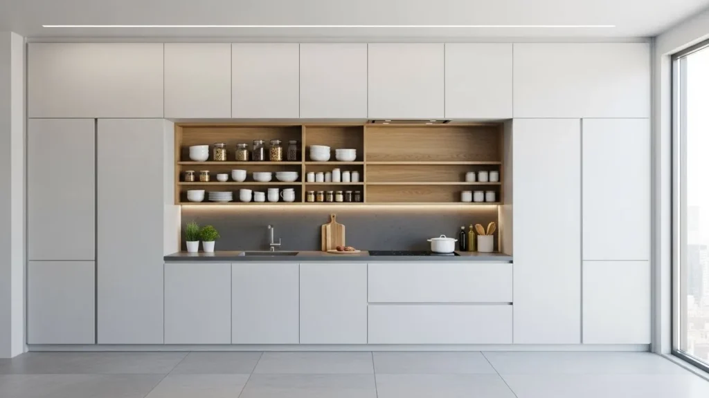 Layered storage in open kitchen design