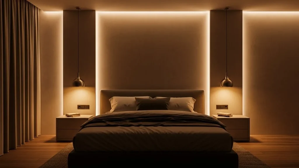 Bedroom featuring pendant lights and warm ambient lighting