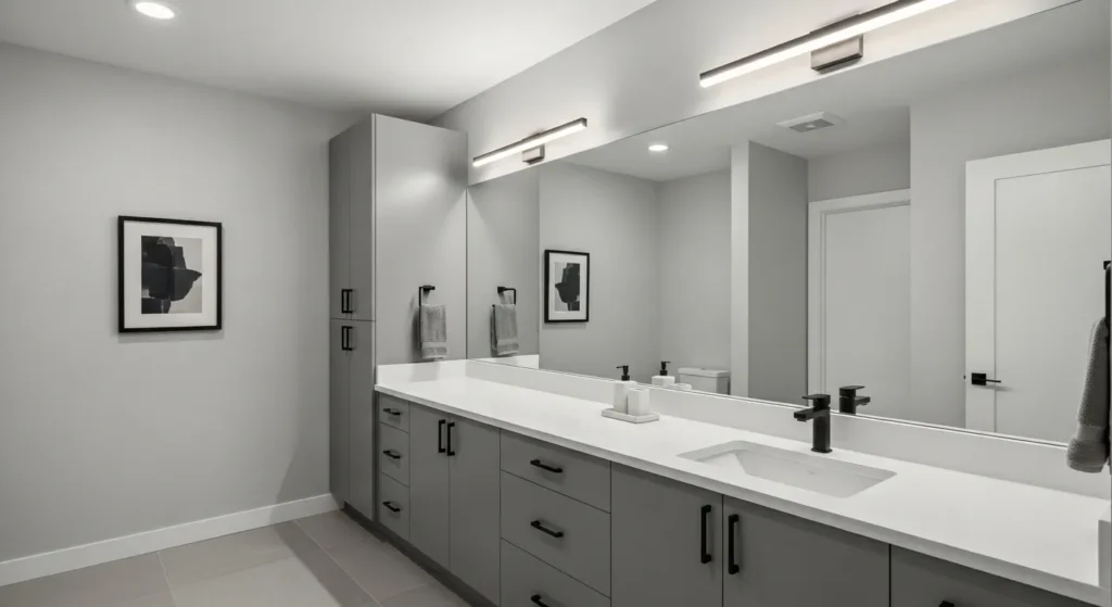 Gray bathroom cabinets with black hardware