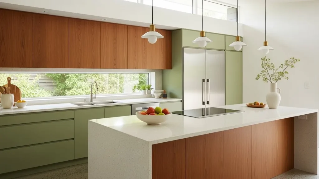 Handleless drawers in mid century modern kitchen