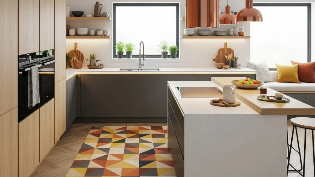 Kitchen with statement floor rug