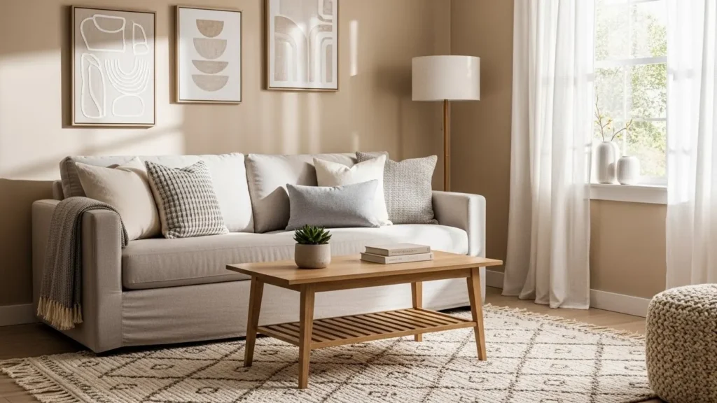 Warm beige living room with cozy neutral decor