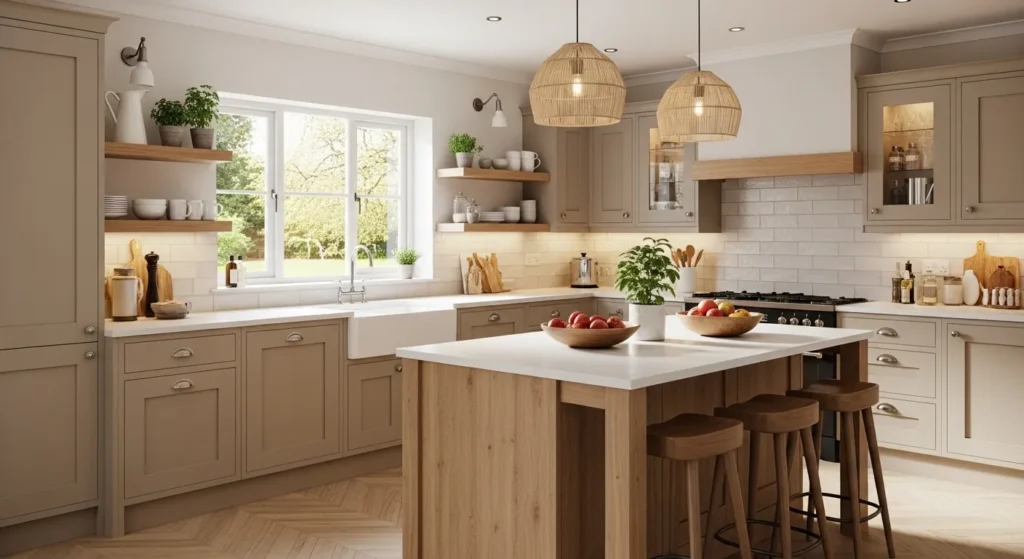 Beige kitchen cabinets with wood accents