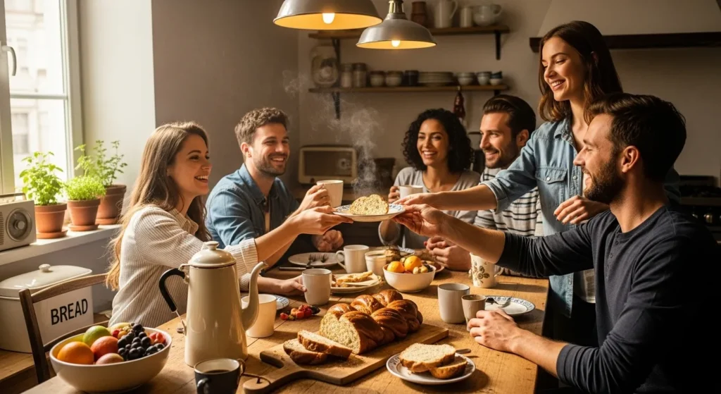 Enjoying homemade Amish Friendship Bread with friends