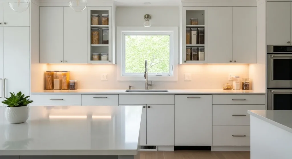 Organized kitchen cabinets and countertops