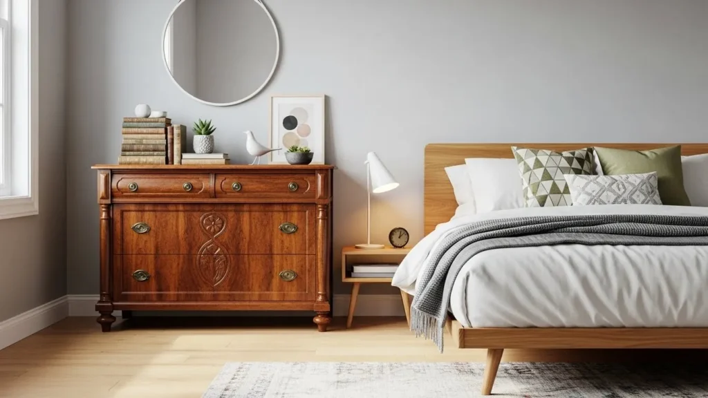 “Organic modern bedroom combining vintage dresser with modern minimalist bed.”