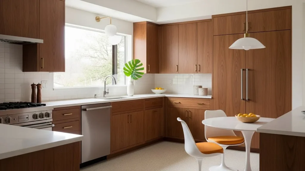 Flat-panel wood cabinets in a mid century modern kitchen