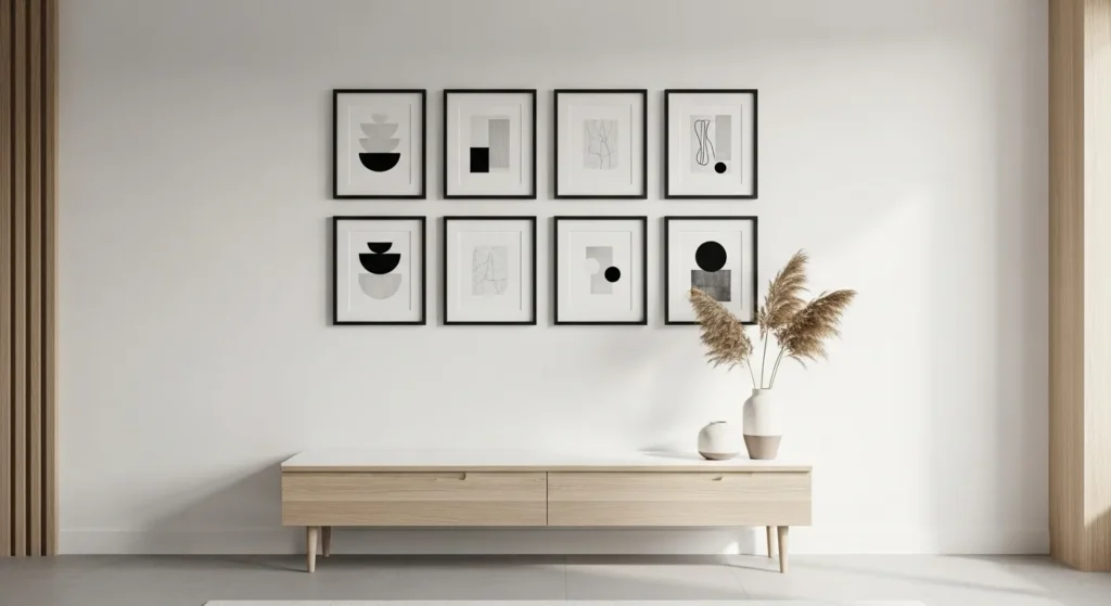Grid-style gallery wall with matching frames in a minimalist home