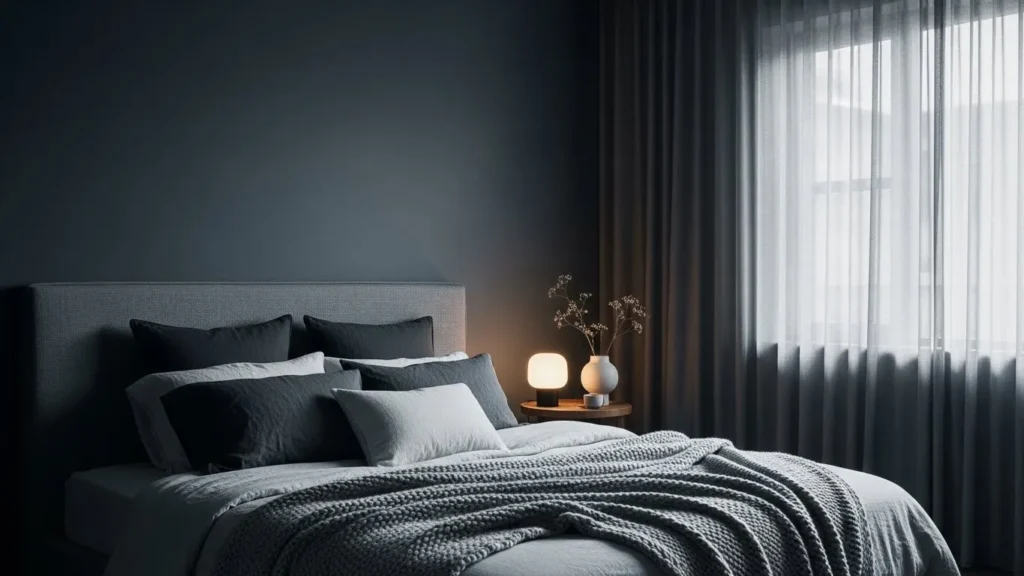 Matte finish walls in moody bedroom