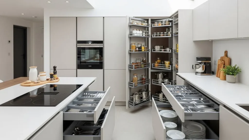 Hidden storage solutions in open kitchen