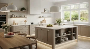 Beautiful beige kitchen cabinets in a warm modern kitchen design