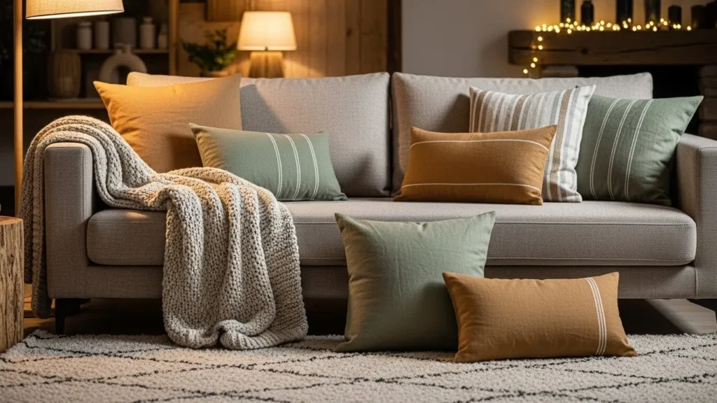 Layered textiles in modern rustic living room