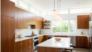 Mid century modern kitchen ideas with warm wood cabinets and clean lines