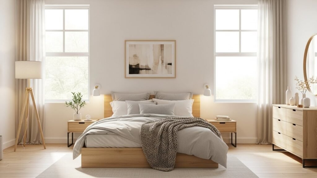Soft white bedroom wall color with modern minimalist decor