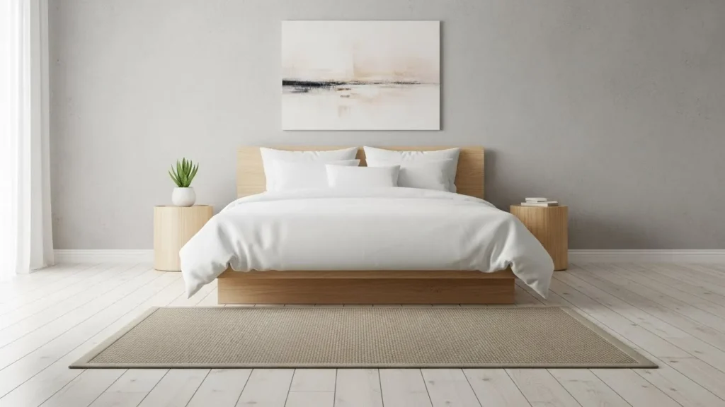 Minimalist bedroom with simple crisp bedding and clean design