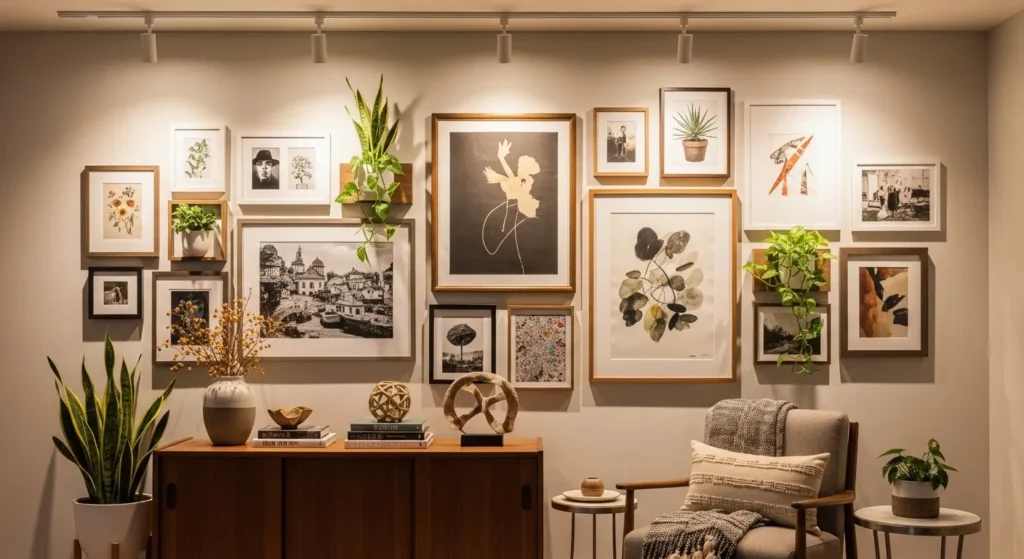 Completed gallery wall styled with plants and accent lighting