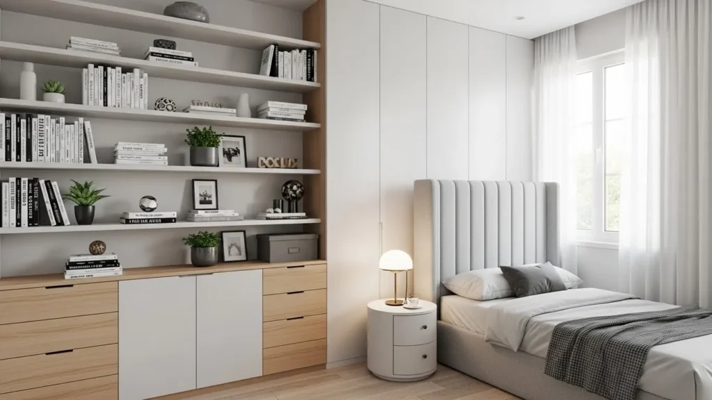 Vertical storage small bedroom ideas using wall-mounted shelves