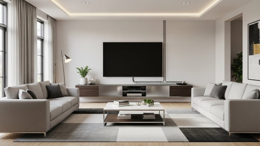 Modern living room with hidden technology setup