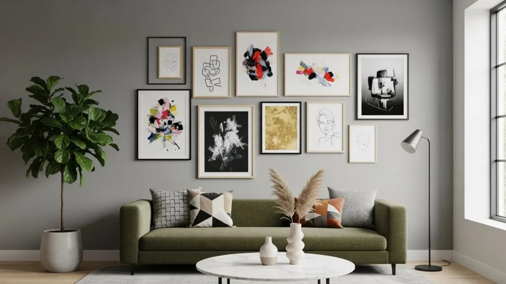 Asymmetrical living room gallery wall ideas