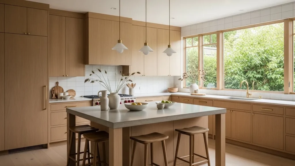 Minimal hardware in organic modern kitchen