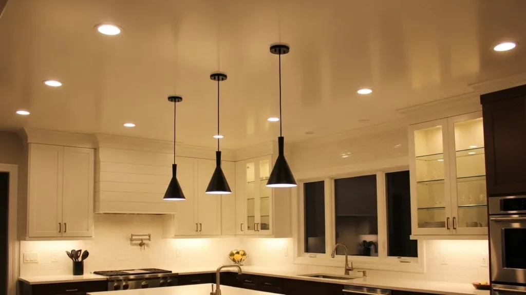 Layered kitchen lighting with ambient, task, and accent lights