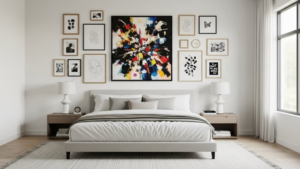 Statement centerpiece bedroom gallery wall