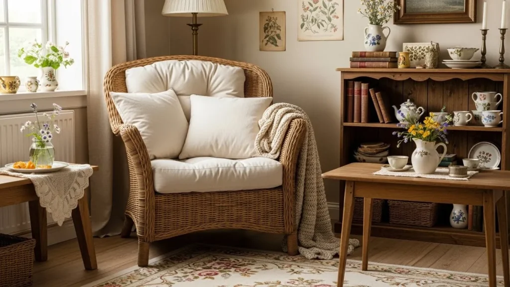 : Wicker and rattan furniture in cottagecore decor