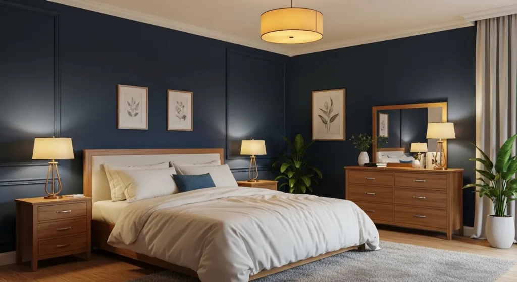 Dark cozy bedroom with navy blue walls