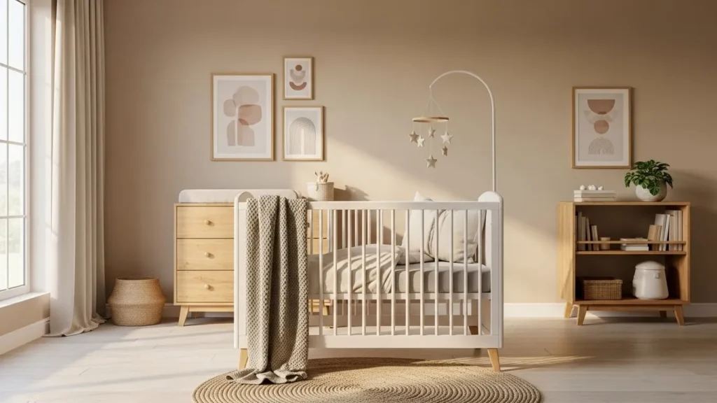 Neutral nursery ideas with beige tones and natural wood furniture