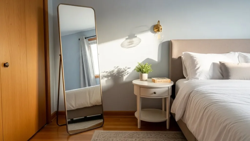 Full-length mirror in a guest bedroom