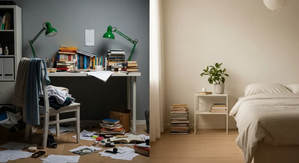 Comparison of cluttered space versus organized living area