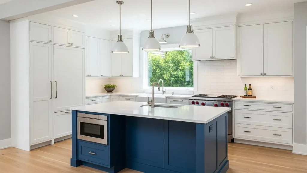 Kitchen with all-white cabinets and a bold navy blue kitchen island, modern open layout, pendant lighting
