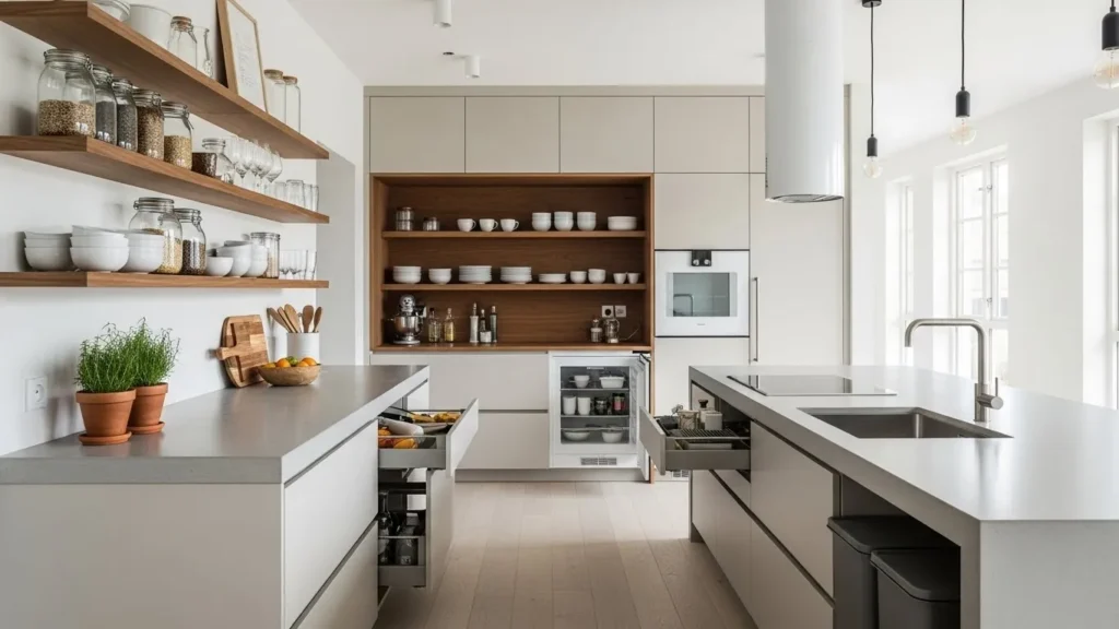 Layered storage in open kitchen design