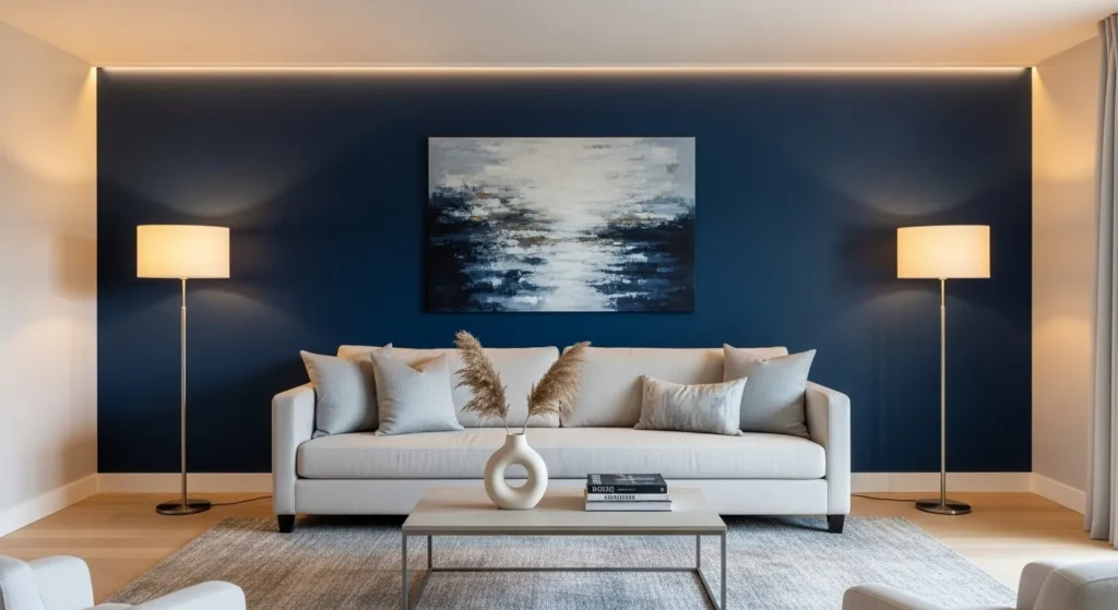 Bold paint color accent wall in a modern living room