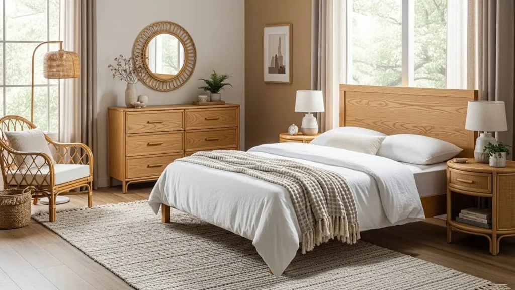 “Cozy bedroom decorated with indoor plants like snake plant, pothos, and succulents.”