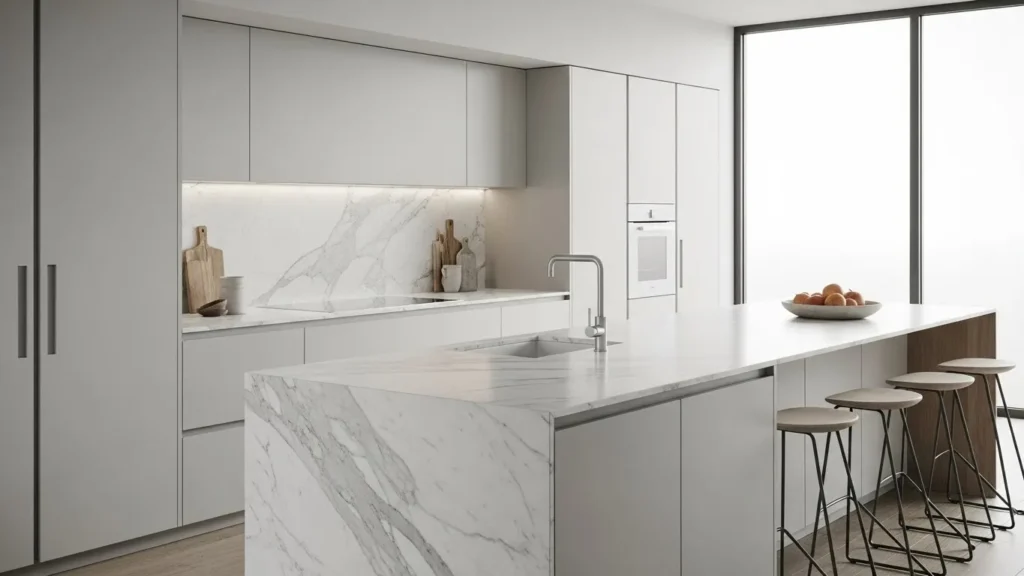 Minimalist waterfall edge kitchen island design