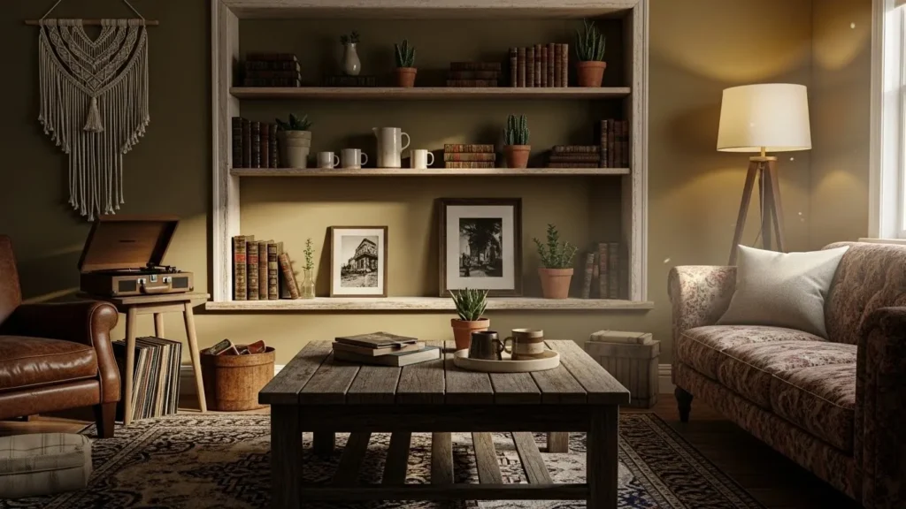 Vintage home decor featuring distressed wood furniture and shelves