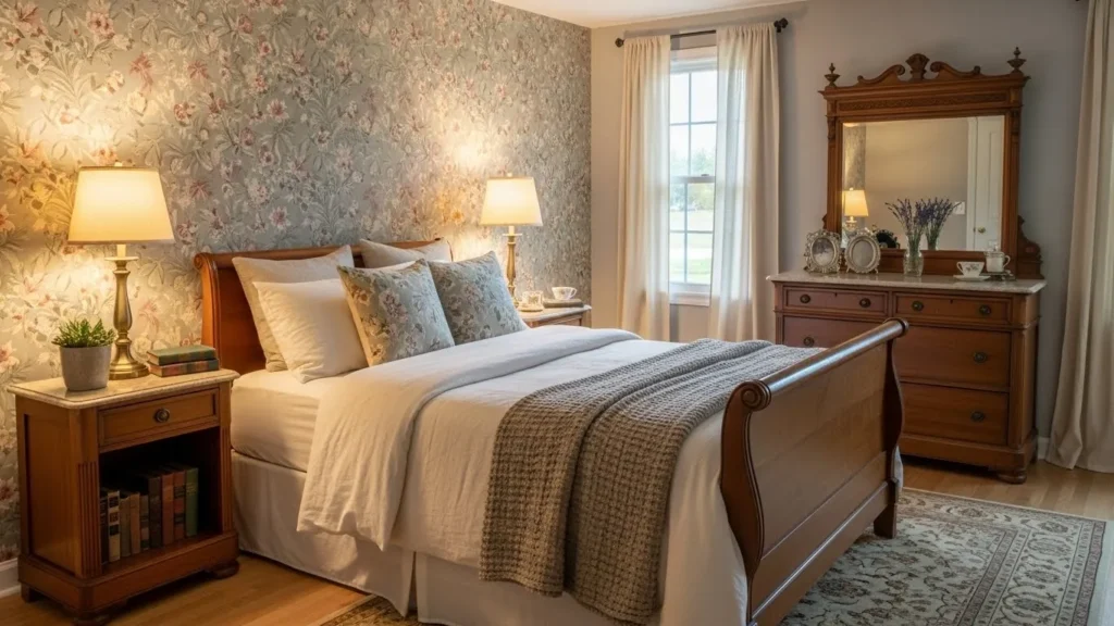 Vintage home decor featuring floral wallpaper as a statement wall