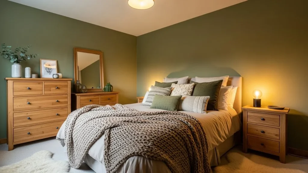 Olive green bedroom wall color for a cozy interior