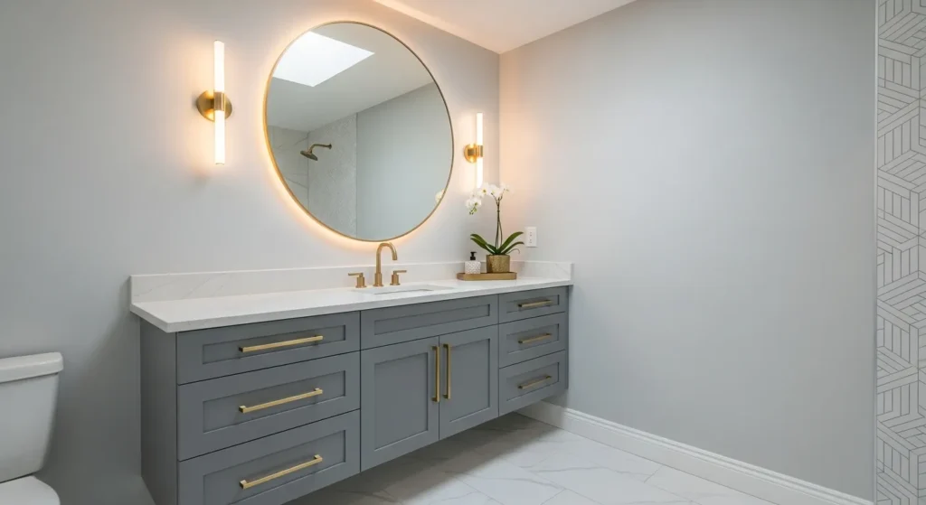 Gray vanity with brass hardware