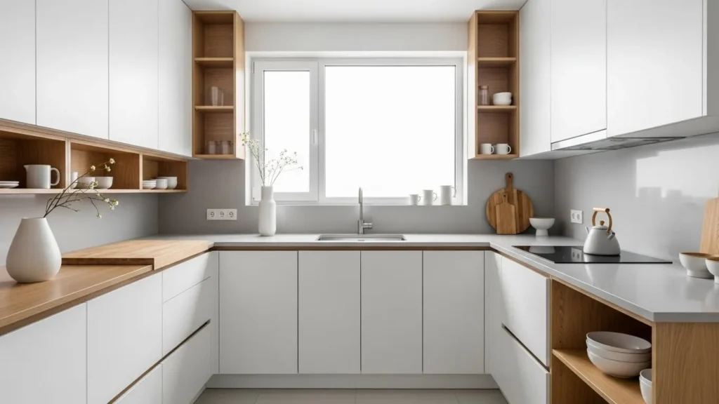 Single color palette creating a spacious small kitchen design