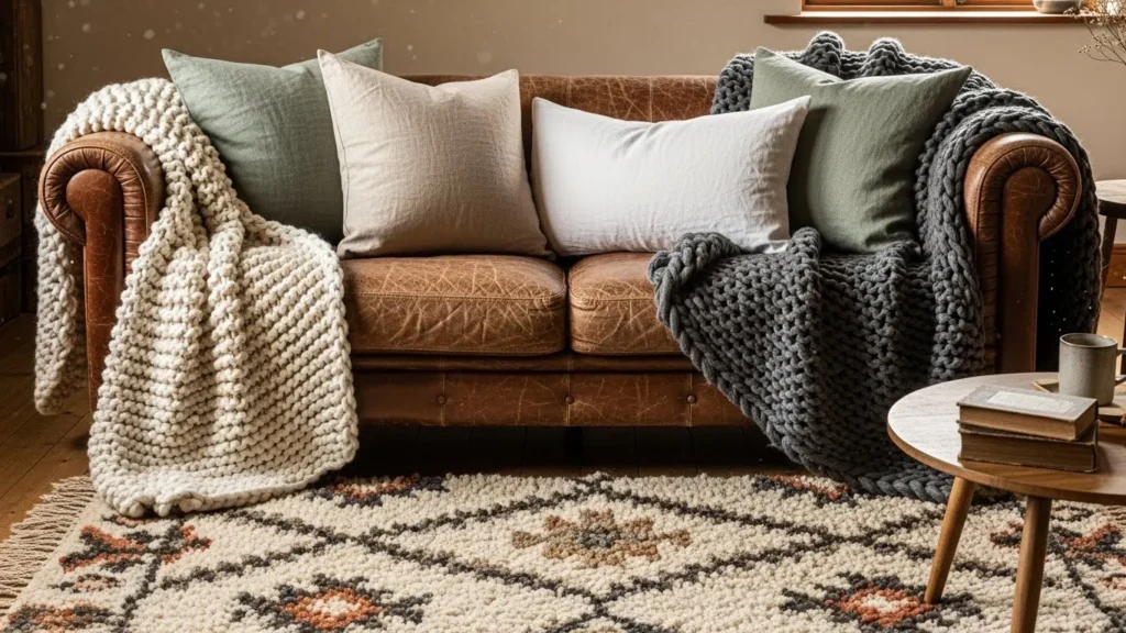 Rustic home decor with layered cozy textiles and soft fabrics