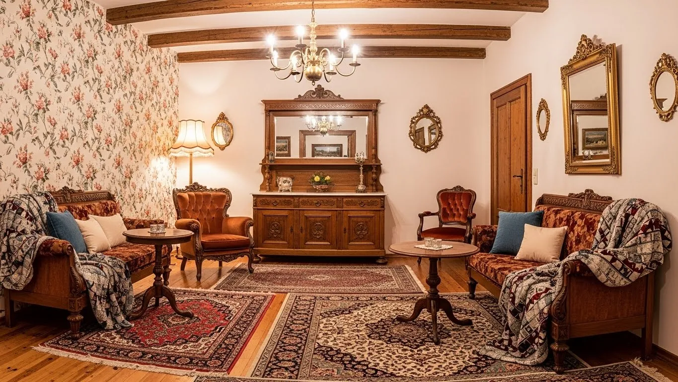 Vintage home decor living room featuring antique furniture, floral wallpaper, layered rugs, and cozy timeless design