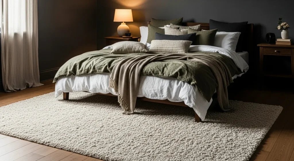 Dark bedroom with warm plush rug