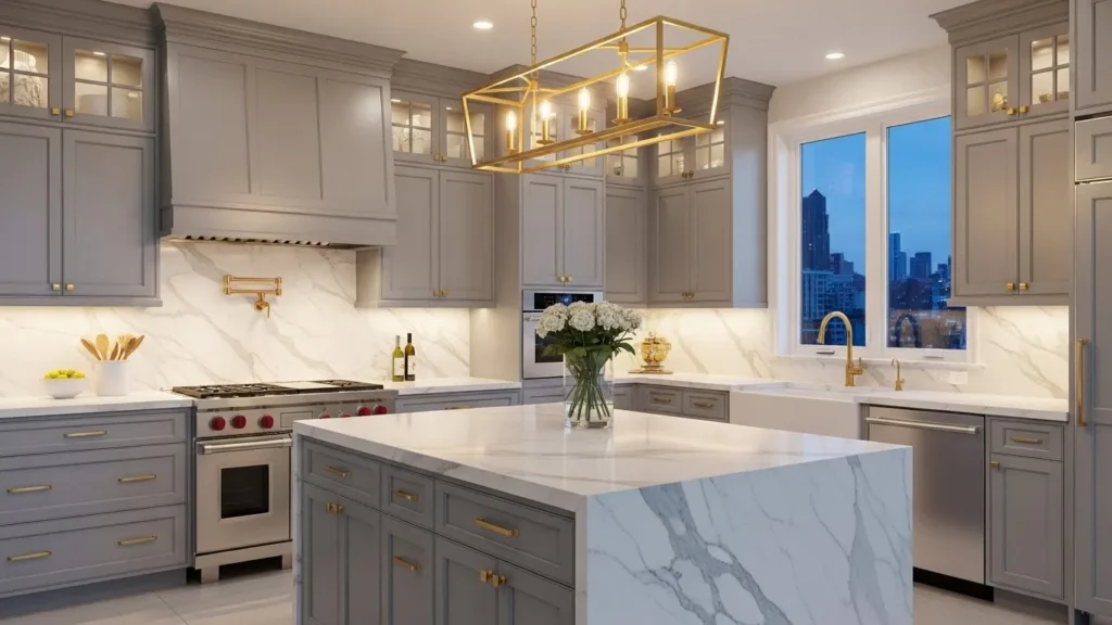 Gray kitchen cabinets with gold hardware accents