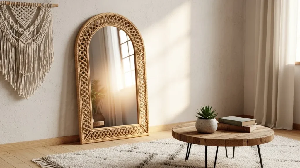 Rattan mirror enhancing light in boho decor
