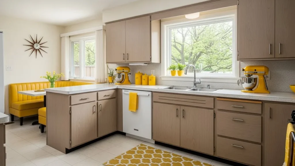 Color accents in mid century modern kitchen